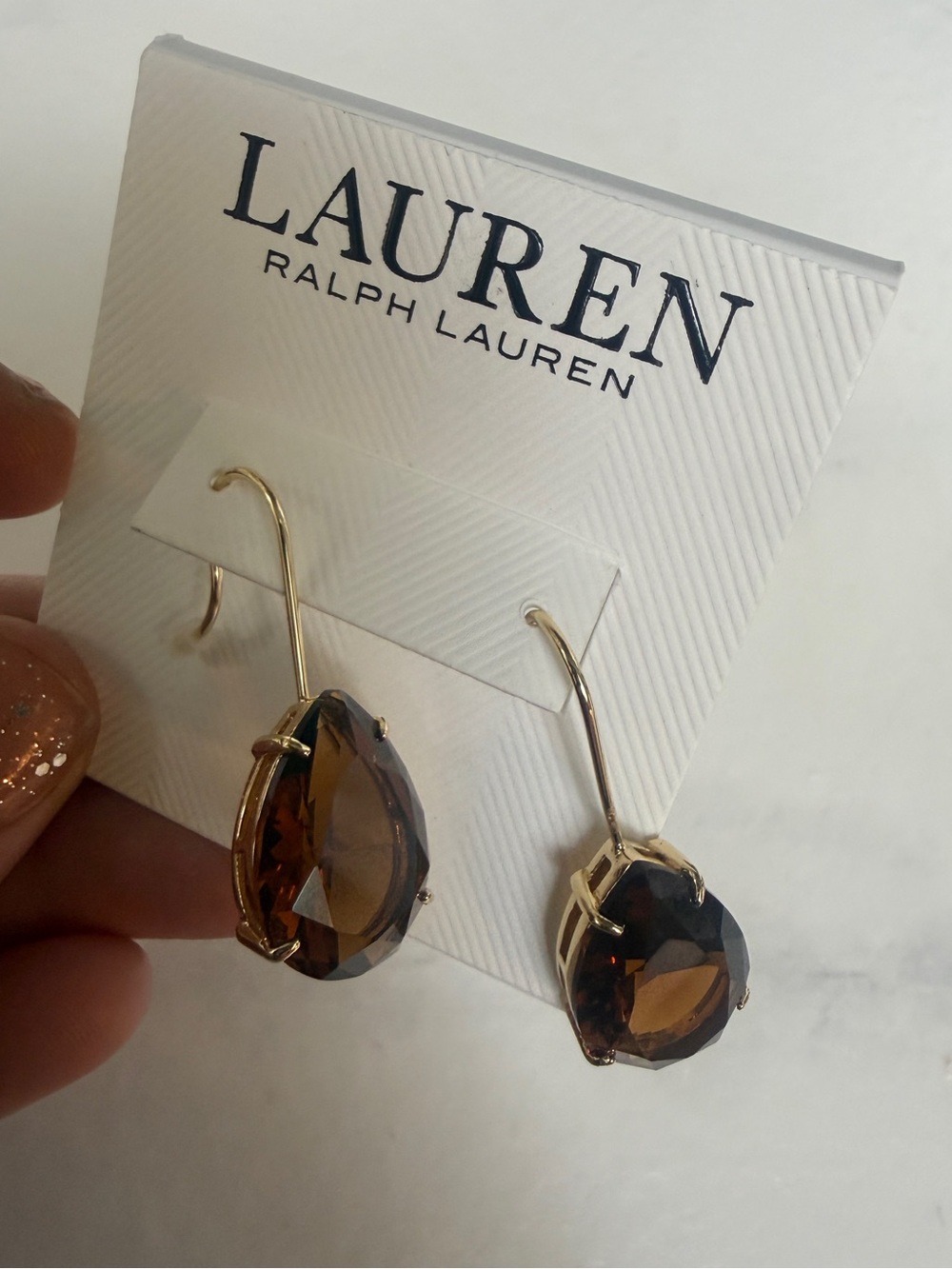 NEW LAUREN Ralph Lauren Brown Teardrop Crystal Drop Earrings - Picture 9 of 10